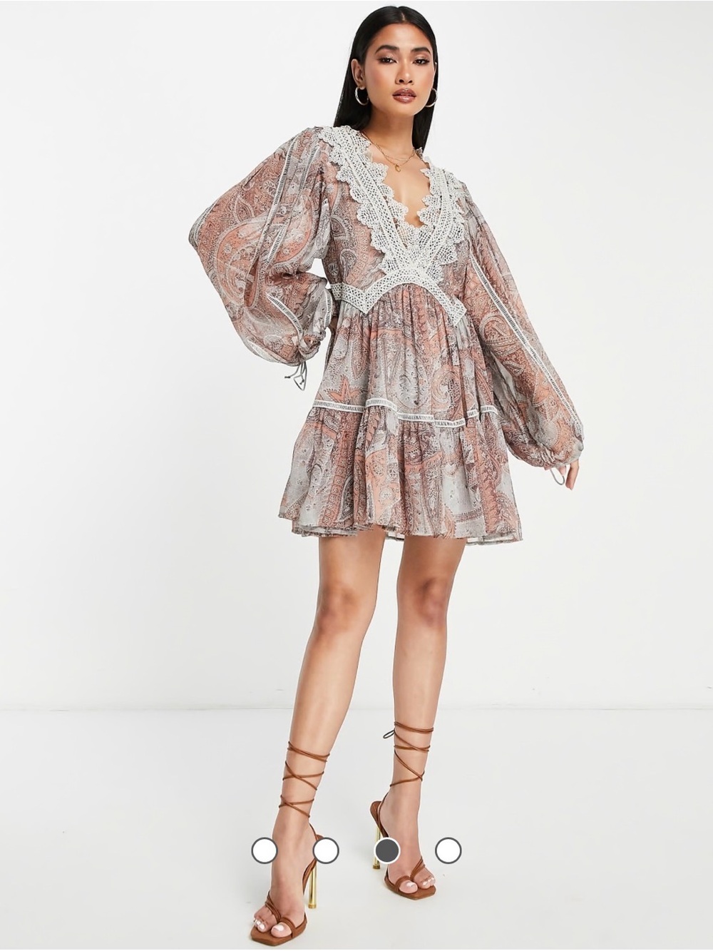 ASOS Design bohemian lace detail mini dress with tiered skirt in paisley print